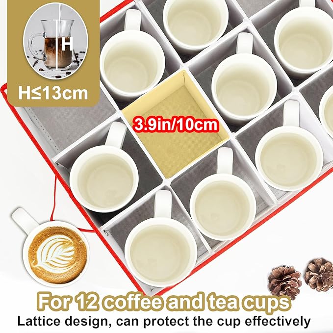 homyfort Mug Storage Box Organizer, China Cup Storage Containers with Dividers, 2 Pack Hard Shell for 24 Tea Cups and Coffee Mugs (Beige)