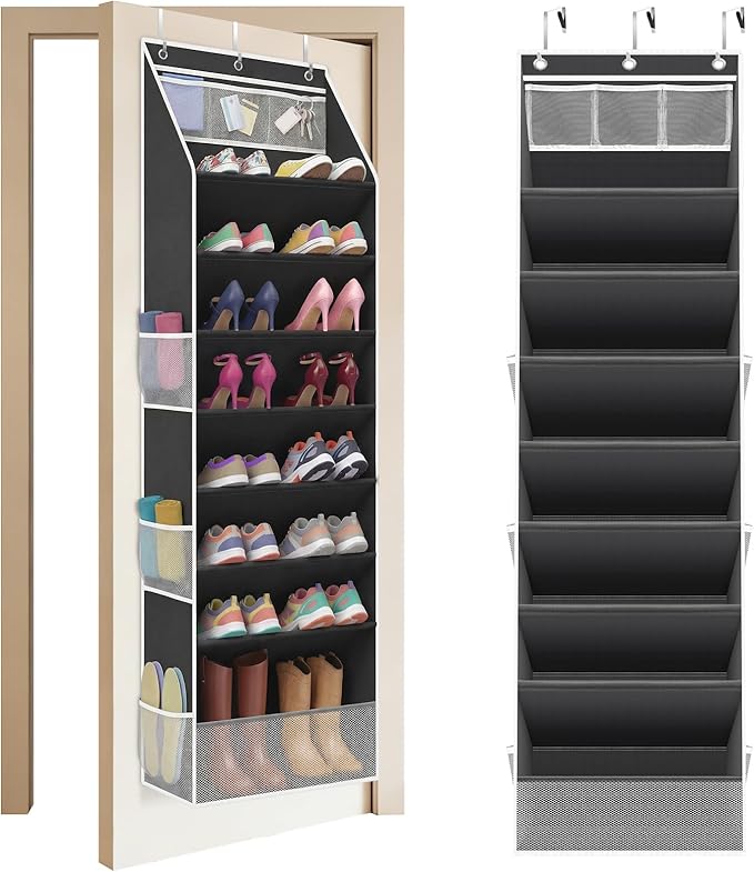 Over The Door Shoe Organizer - 8 Tier Hanging Shoe Organizer with Large Capacity Pockets, Shoe Organizer for Closet, Shoes Rack for Door, Fits 16-24 Pairs of Sneakers, Boots, Heels – Black