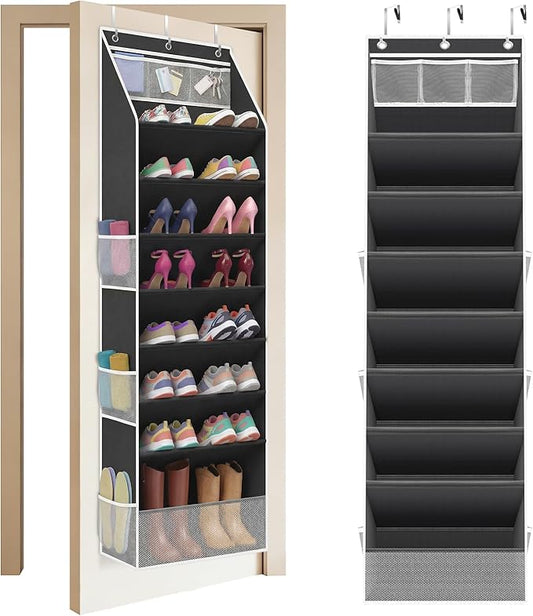 Over The Door Shoe Organizer - 8 Tier Hanging Shoe Organizer with Large Capacity Pockets, Shoe Organizer for Closet, Shoes Rack for Door, Fits 16-24 Pairs of Sneakers, Boots, Heels – Black