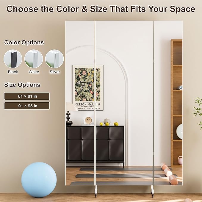 Brisafe 81" x 81" Extra Large Full Length Tri-Fold Mirror on Wheels, Stand Up Movable Floor Mirror with Stand, 3-Way Folding Standing Mirror for Gym, Dance Studio, Fitness Room & Home, Silver