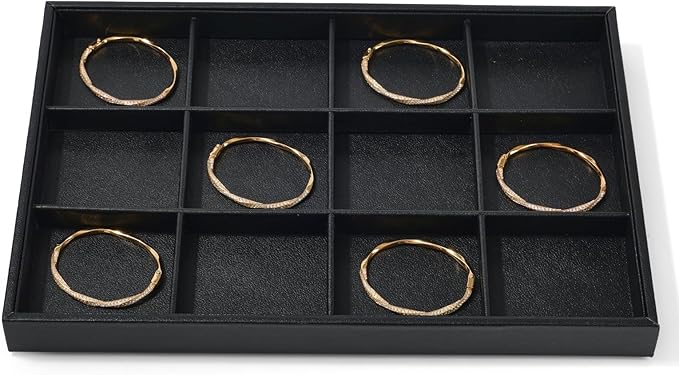 12 Grids Black Leather Jewelry Trays Stackable Jewelry Organizer Trays For Drawer Bracelet Earring Display Watches Brooches Display (Black)