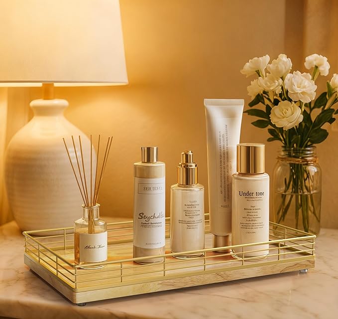 Large Bathroom Vanity Tray – 13" x 8" Oak Decorative Wooden Tray for Bathroom Countertop & Vanity Organizer, Wood Tray for Perfume Skincare Accessories Storage Vanity Dresser Decor Gold & Natural Oak