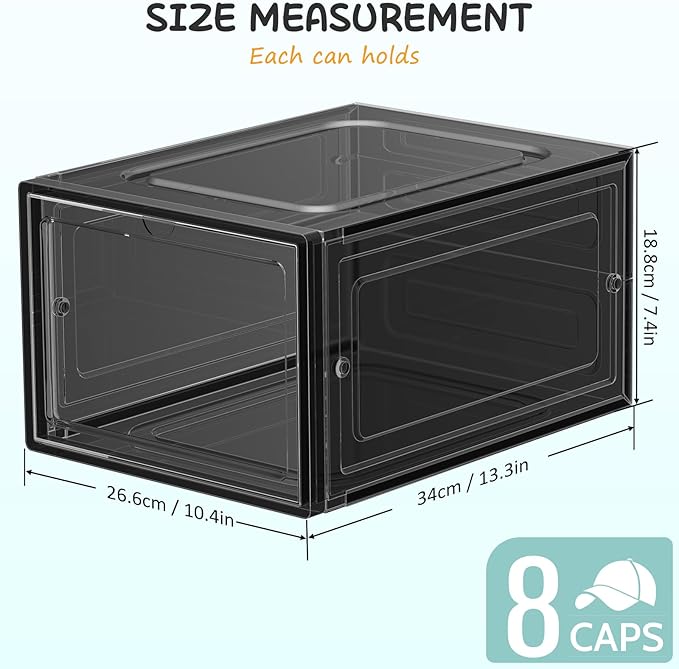 6 Pack Hat Organizer Box, Stackable Clear Baseball Caps Holder Box Containers with Magnetic Door for Hats Snapback Cap Storag, Hat Rack Display Case, Holds 8 Hats Each (Black)