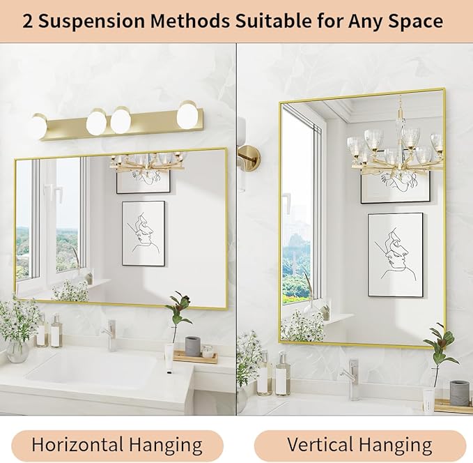 Koonmi Gold Rectangle Wall Mirror, 24x32 Inch Bathroom Mirror, Aluminum Frame Vanity Mirror for Entryway, Living Room, Bedroom Bathroom, Hangs Horizontally or Vertically