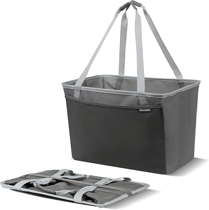 CleverMade Collapsible Tote MAX Carry All - Charcoal Gray 2-Pack 50L - Foldable Storage Organization Container with Storage Pockets and Handles