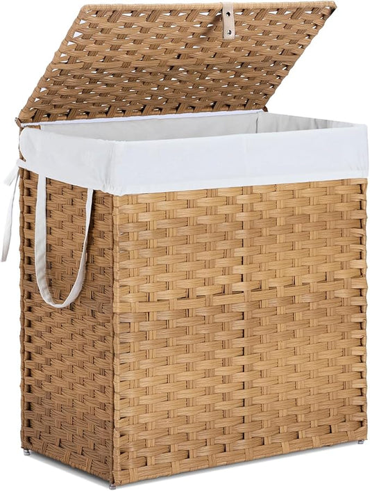 110L Laundry Hamper with Lid, Hand-Woven Pp Rattan Laundry Basket with Compartments & Handles, Removable Liner Bags,Foldable, Narrow Dirty Clothes Basket, Yellow