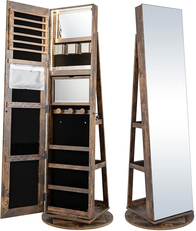 CHARMAID 360° Swivel Jewelry Armoire with Full Length Mirror, Rear Storage Shelves, Lockable Standing Jewelry Cabinet Organizer with Interior Vanity Mirror and 3-Color Lights (Rustic Brown)