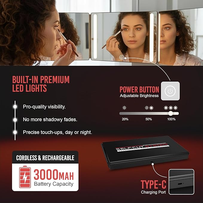 Self-Cut System 3 Way Mirror with LED Lights – Trifold Self Cut Barber Mirror for Men and Women, 360 View for Easy Haircuts, Travel Friendly - Three Way Design for Grooming and Styling