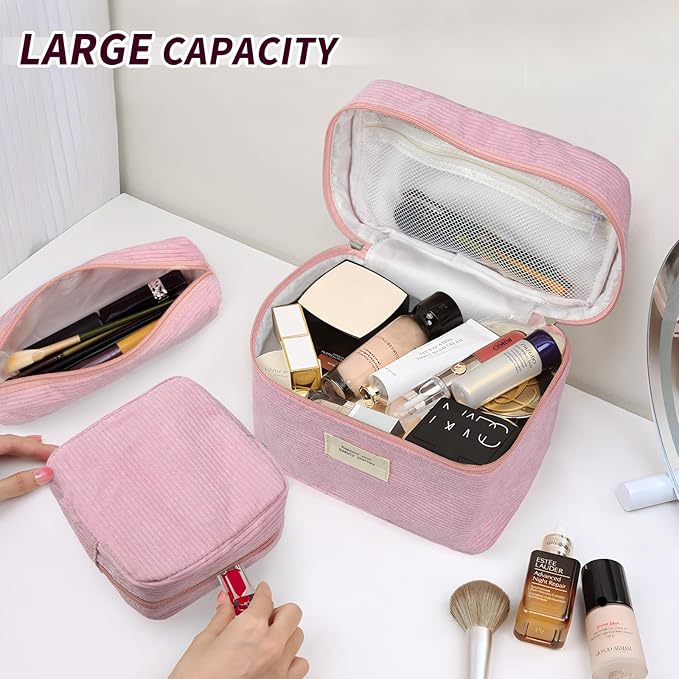 4 Pcs Makeup Bag for Women Corduroy Cosmetic Bag Aesthetic Cute Bags Multi Size Purse Pouch Travel Toiletry Bag Set Makeup Organizer with Zipper(Pink)