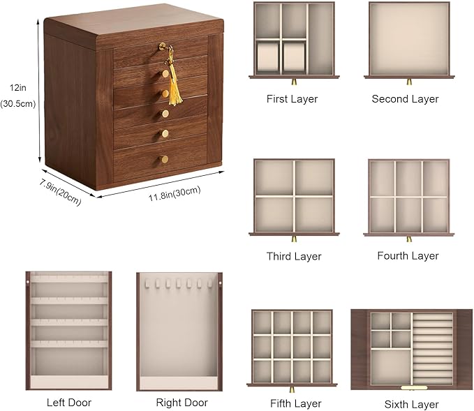 CHOSIN Black Walnut Wooden Jewelry Box, 6-Layer Lockable Wood Jewelry Organizer with Mirror, Side Doors & Brass Handle, Classical Design for Rings, Necklaces, Earrings, Watches, Valentine's Day Gift