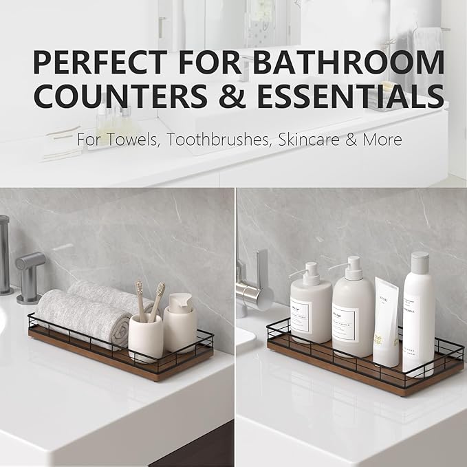 Toilet Paper Basket Organizer – Oak Wood Toilet Tank Tray with Metal Frame, Back of Tank or Top Bathroom Counter Storage – Black & Brown Modern Decor