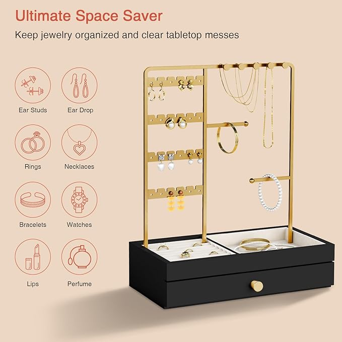 Black and Gold Jewelry Organizer Stand Necklace Holder, Decorative Jewelry Tower Stand for Earrings Rings Bracelets, Necklace Display Hanger Tree for Women Dresser Top (Black and Gold)