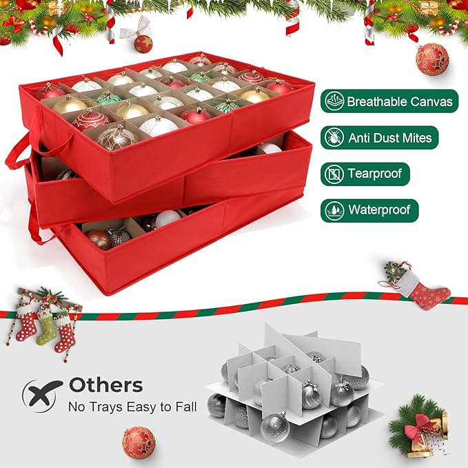 WDZREE Large Christmas Ornament Storage Box, Stores Up to 72-4" Ornaments Balls, 3 Individual Trays with Adjustable, Christmas Container Perfect for Holiday Decorations, 600D Oxford Fabric Tear-Proof
