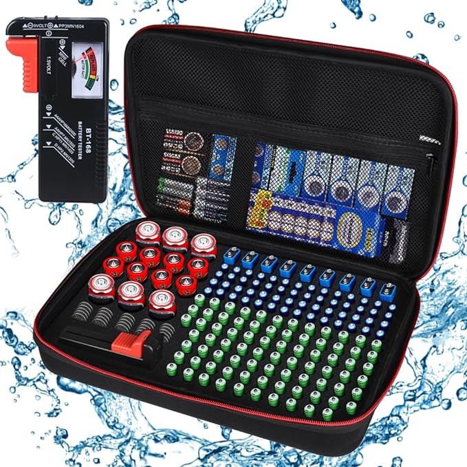 Battery Organizer Holder Storage Case with Tester,Waterproof Carrying Case Bag,Battery Vault Box for Garage Organization Holds 199+ Batteries AA AAA C D 9V (Batteries are Not Included) (200+)