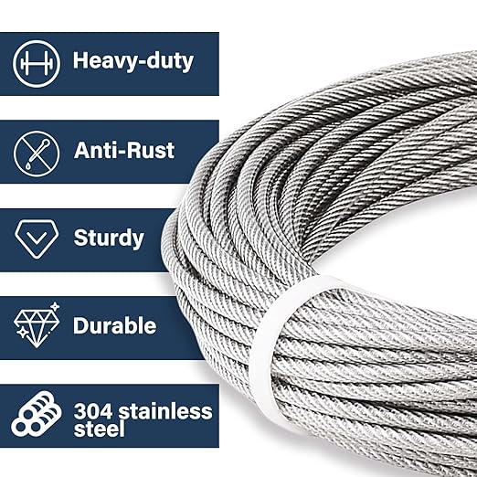 3/16 Wire Rope, 50ft Stainless Steel Cable with Wire Rope Clamps & Thimble, 3700lbs Breaking Strength, 7X19 Strands Aircraft Cable for Zipline, Deck Railing, Clothesline