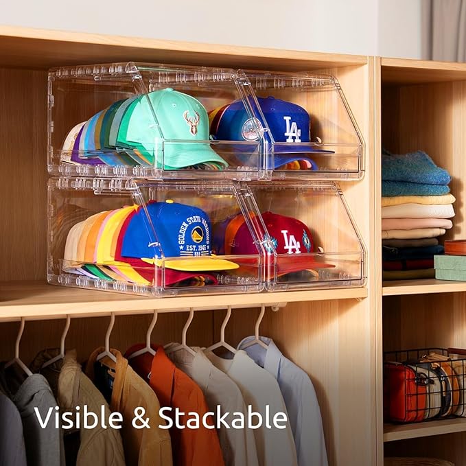 Hat Organizer Box – Stackable Clear Display Box with Sliding Drawer, Holds 15 Baseball Caps, Closet and Shelf Organizer for Hats, Transparent Display with Anti-Slip Feet