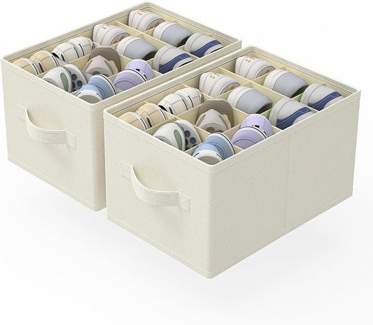 2 Pack Cube Shoe Organizer, Fits Up to 24 Pairs, Foldable Space-saving Storage Container Bins, Closet Organizers System with Reinforced Handles, 16.5 x 12.6 x 10.2 In, Beige, XSNX02BE-2