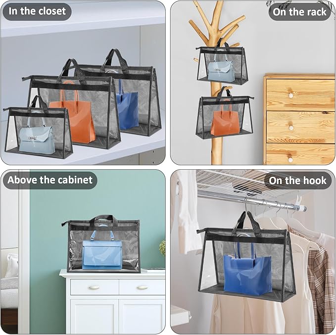 15 PCS Dust Bags for Handbags,Purse Protector Storage Bag,Purse Cover Hanging Closet Organizer with Zipper Handle,Clear Handbag Storage Organizer for Closet,3 Assorted Sizes(Gray)