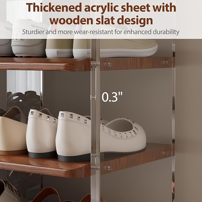 Free Standing Shoe Rack, Closet Shoe Storage Shelves for Entryway Small Space, Garage & Living Room, Wooden Shoe Stand, 5-Tier Modern Shoe Organizer, Solid Wood & Acrylic Frame with Top Shelf