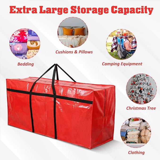 4 Pcs 149 Gallon Large Moving Bags with Zipper and Handles Christmas Tree Bags Foldable Heavy Duty XXL Totes for Christmas 4, 5, 7.5, 9, 10, 12 ft Tree Skeleton Blankets Storage (Red)