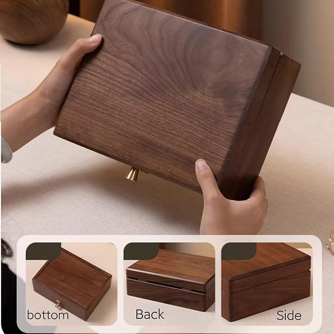 Bescott 2 Layers Solid Black Walnut Wooden Jewelry Box for Women with Lock and Key Wood Vintage Organizer for Men Earrings Rings Necklaces Bracelet Storage Mother's Day Gift