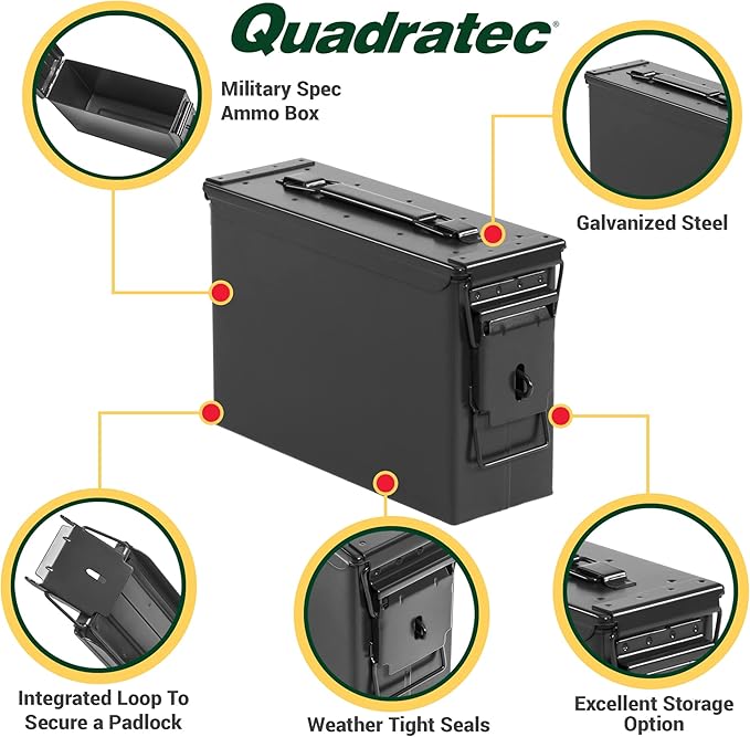 Quadratec 7.62mm Ammo Can, Black - Waterproof Ammo Box - Steel Ammo Storage Case - Fits Jeep Wrangler CJ YJ TJ JK JL & Gladiator JT - Overlanding, Tools, First Aid & Tow Recovery Gear Storage