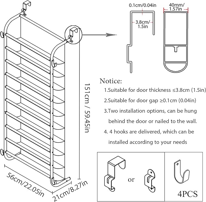 10 Tier Shoe rack Hanging Shoe Storage the door shoe rack for Closet Pantry Over The Door Shoe Organizer Wall Floating Shelves (White, 10 Tier)