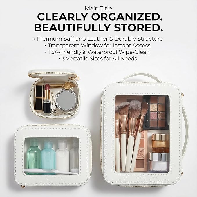 Makeup Bag | Transparent Toiletry Bag | Portable Waterproof Makeup Storage Bag | Travel-Specific Skincare Storage Bag | 2 Sets, L+M+MINI(White)
