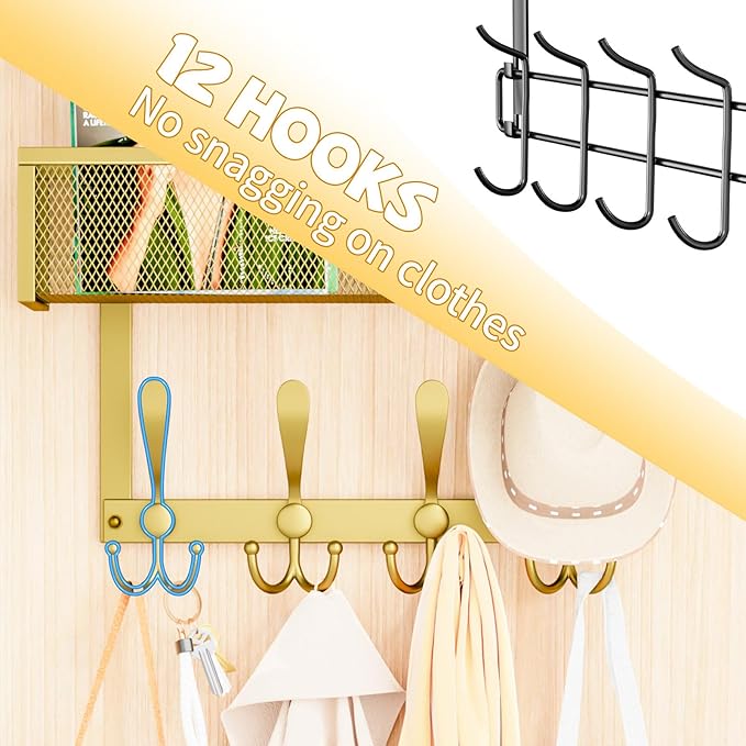 Over The Door Hooks Organizer,Coat Rack with 12 Hooks and 2 Mesh Baskets,Back of Door Storage Organizer for Bathroom,Bedroom,Kitchen,Office (Gold)
