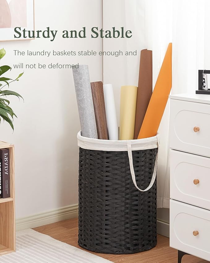 Laundry Basket Round Rattan Laundry Hamper 29.1 Gal(110 L) Handwoven Large Wicker Basket with Handles, Wicker Hamper with Removable Bags and 2 Mesh Bags for Bathroom Living Room Black(No Lid)