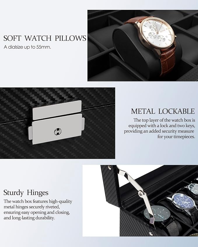 GUKA Watch Box, 12 Slot Watch Case, Watch Cases for men with Real Glass Lid, Synthetic Leather Watch Organizer storage with Jewelry Case, Birthday for Men and Women, Black, GK-012-BKCX