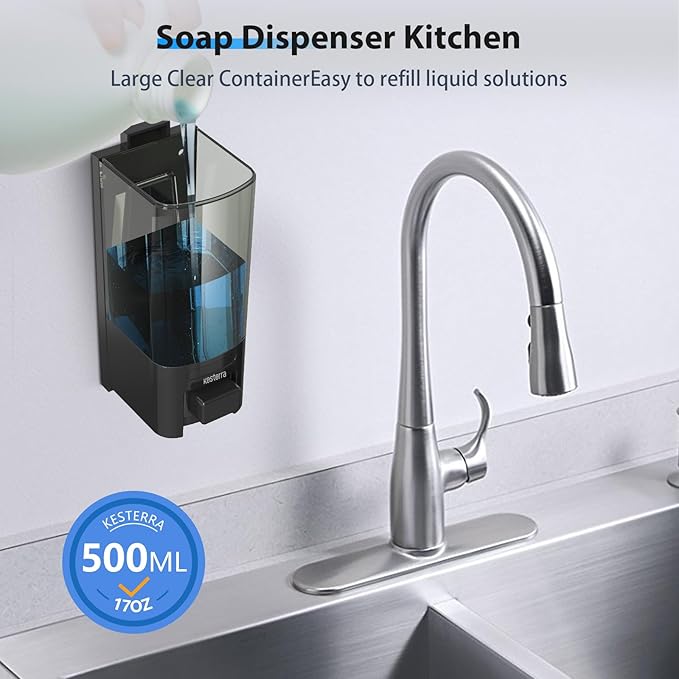 Manual Soap Dispenser, 17oz/500ml Wall Mount Soap Pump, Large Capacity Kitchen Bathroom Hand Soap Dispenser, Commercial Refillable Shampoo Shower Gel Lotion Dispenser, Black