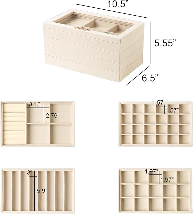 Frebeauty Stackable Jewelry Trays,Velvet Jewelry Organizer for Drawer,5-in-1 Jewelry Storage Box with Lid,Vanity Jewelry Display for Earrings Necklaces Rings,10.5 x 6.5 x 5.55 Inches,Gift for Women