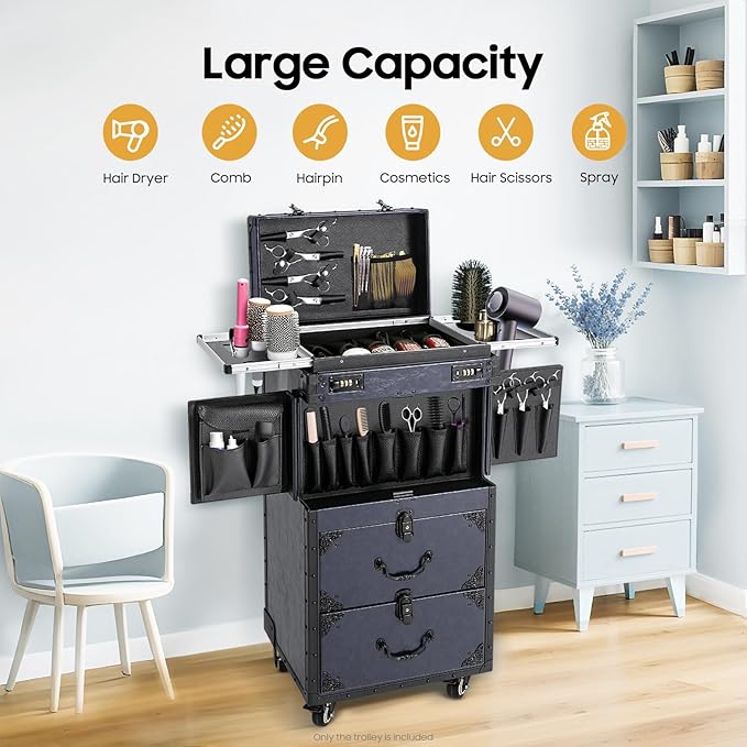 Rolling Makeup Case with Wheels and Locks, Cosmetology Case Makeup Train Case for Salon Barber Large Beauty Salon Luggage Rolling Lockable Makeup Train Extendable Tray Hairdressing (Style 2)