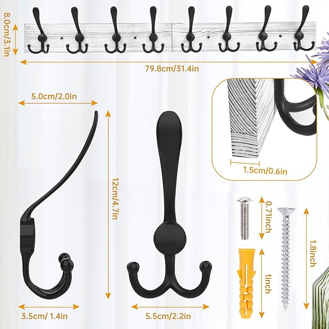 IBosins Wall Mounted Coat Rack, 31.4'' Long, Rustic Wood & Aluminum Coat Rack with 8 Black Tri-Hooks for Coat, Bag, Towel, Key, Hat, Umbrella