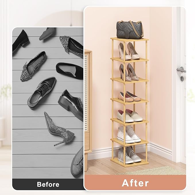 Bamboo Free Standing Shoe Rack Shelf Multi Tier Tall Wooden Stackable Shoes Rack Organizer for Closet Front Door Entrance Narrow Vertical Shoe Storage (Bamboo, 7 Tiers)