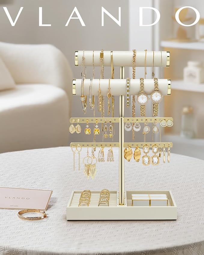 Vlando 3 Tier Necklace Holder Organizer with Tray, Leather Bracelet Holder Display for Women, Gold Jewelry Stand for Bracelet, Necklace, Earrings, Rings - Cloud White