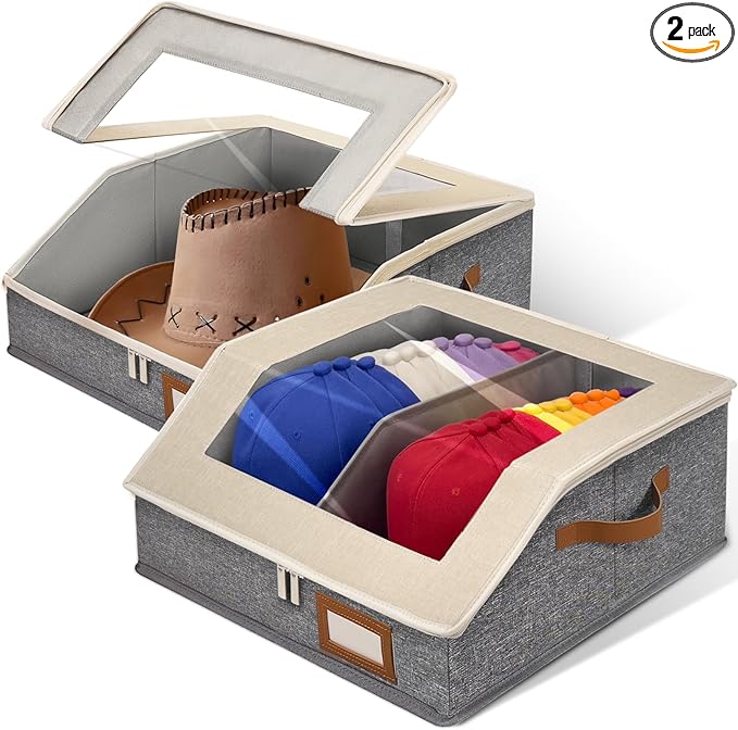 2-in-1 Hat Organizer for Baseball Caps Holds 48-60 Caps Hat Storage with Adjustable Divider Stackable Hats Holder for Closet with Clear lid Cowboy Hat Box for Men Women 2 PCS Beige and Grey
