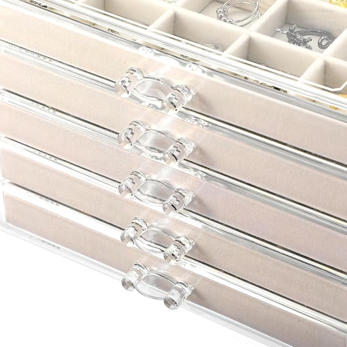5 Drawers Clear Jewelry Box for Women and Girls, Acrylic Earring Holder Organizer Ring Holder Display Storage, Warm White