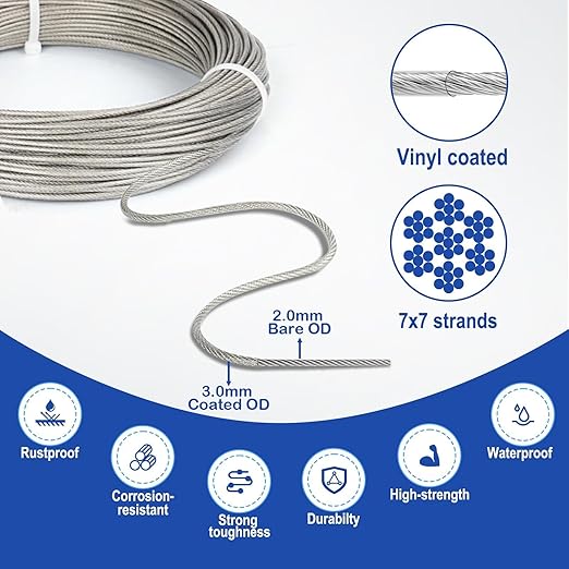 TooTaci 1/8 Wire Rope Kit, 100ft Vinyl Coated Stainless Steel Cable with 50pcs Crimping Sleeves and 20pcs Thimbles, 7x7 Strand Core Metal Cable for String Light, Shade Sail, Clothesline, Curtain