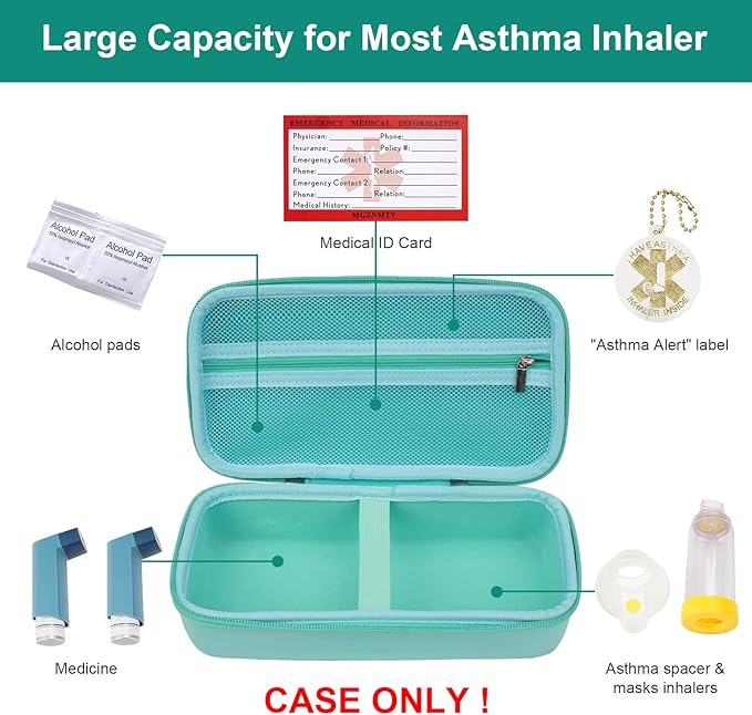 MGZNMTY Travel Carrying Case Compatible with Asthma Inhaler Spacer for Adults and Children, Masks, Inhaler Holder with Asthma Alert Tag and Medical Card, Carabiner (Only Case) (Green)