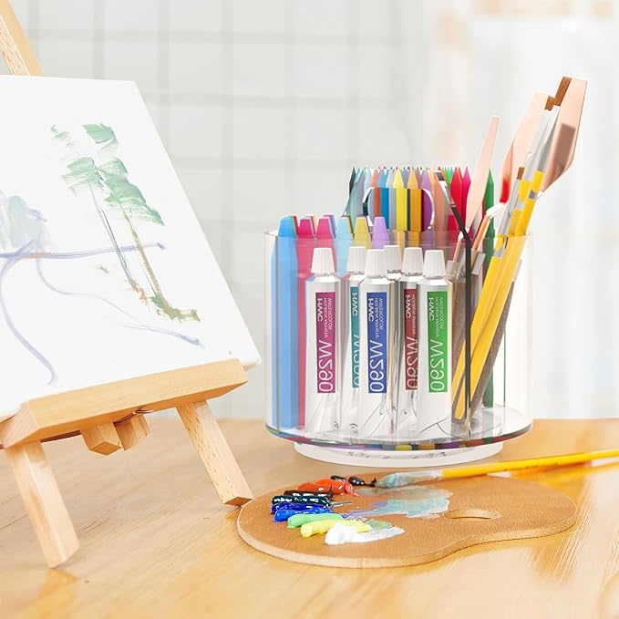 Absonic Pencil Holder for Kids, 360 Rotating Pen Holder for Desk Organizer and Storage, 4 Compartments Art Supply Marker Organizer, Acrylic Kids Desk Organizer for School Lazy Susan Organizer