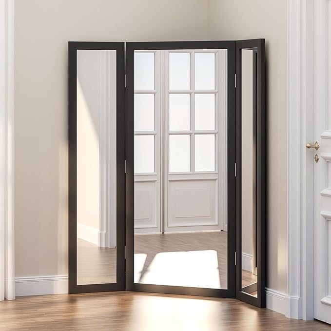 3 Way Mirror Full Length with Tempered Glass, 71"x67" Oversized Bridal Triple-Fold Floor Mirror with Wood Frame, Decorative Trifold Mirror for Home,Wedding Dress/Clothing Shop/Bedroom/Closet (Black)
