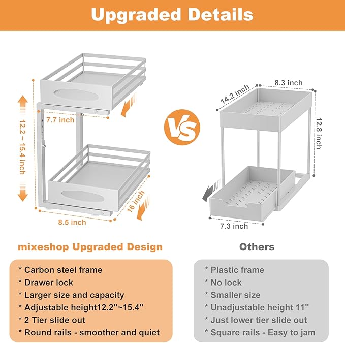 Under Sink Organizer, 2 Tier Under Sink Organizers and Storage, Adjustable Height, Slide out Metal Cabinet Organizers, Pull out Cabinet Storage Drawer Shelf for Kitchen Bathroom Gray 2Pack