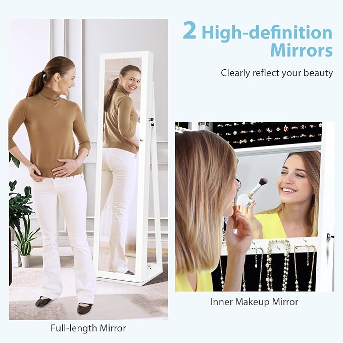 GOFLAME Jewelry Cabinet with Full-length Mirror, Jewelry Storage Organizer with Makeup Mirror, Back Storage Shelf, Lockable Jewelry Cabinet Armoire for Bedroom, Living Room (White)
