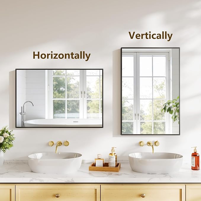 Koonmi Bathroom Mirror for Wall, 24"x36" Black Bathroom Mirror for Over Sink, Shatterproof Tempered Glass Vanity Mirror with Anti-Rust Aluminum Alloy Frame, Hang Horizontally or Vertically