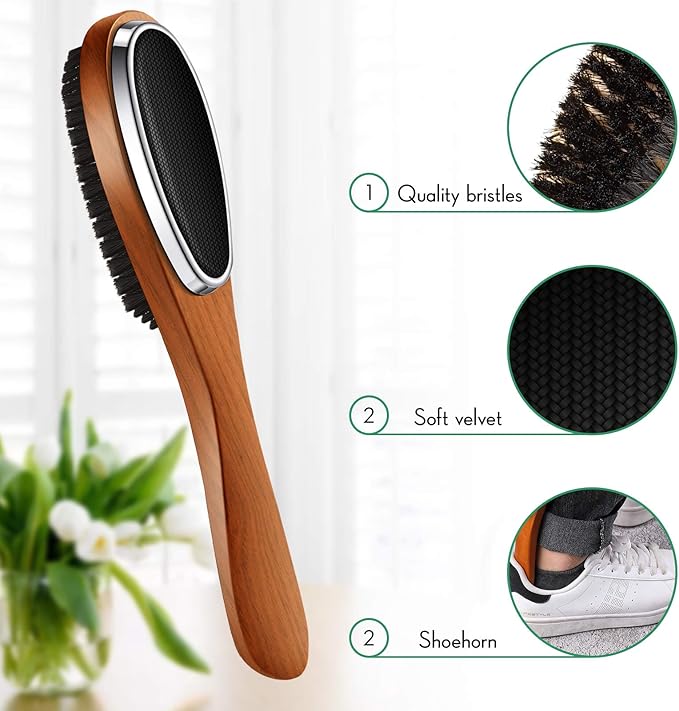 Patelai 2 Pieces 3 in 1 Lint Cloth Brush Double Sided Garment Brush Lint Remover Shoe Horn Beech Wood Handle for Clothes Wool Coat Couch Pet Hair, Random Color