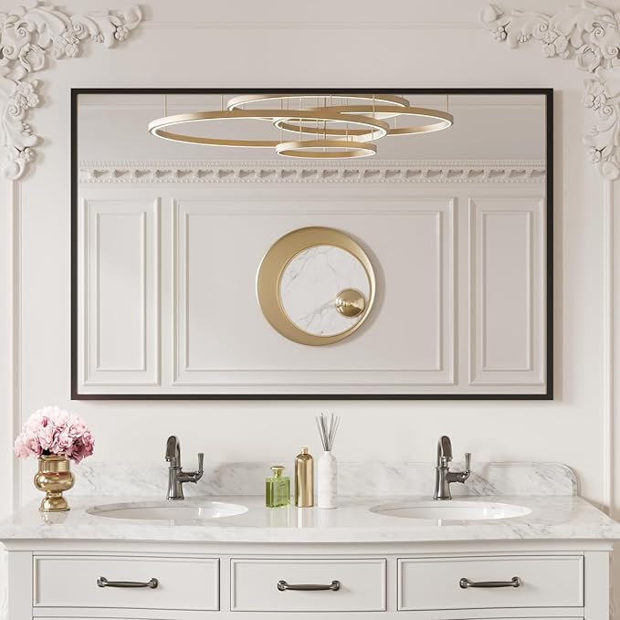 LOAAO 50"X30" Black Rectangle Bathroom Mirror Wall, Matte Black Aluminum Alloy Frame, Tempered Glass, Hangs Vertically or Horizontally, Easy to Install