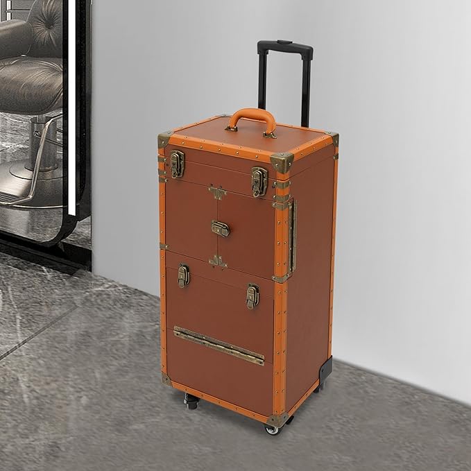 Rolling Hairdressing Case - Professional Makeup Train Case with Dual Password Locks, Cosmetic Organizer for Salon/Barber/Nail Artists (Coffee Color)