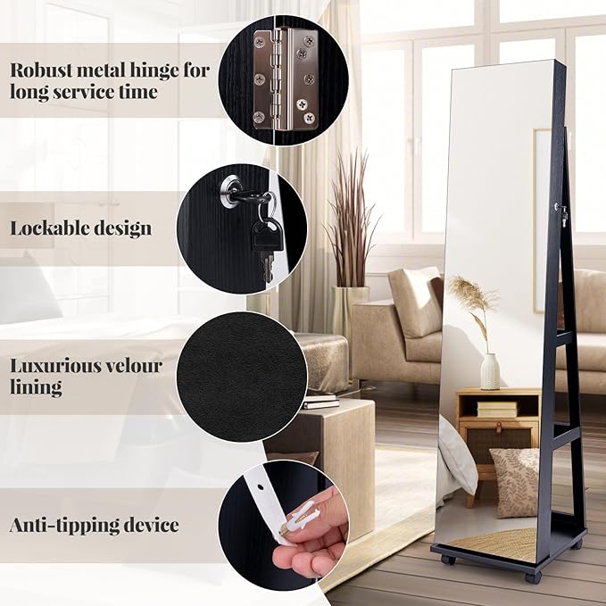 GOFLAME Jewelry Cabinet with Full Length Mirror, Lockable Jewelry Storage Organizer with Wheels, 3-Color LED Lights, Inner Mirror, Freestanding Jewelry Armoire with Rear Storage Shelves, Black